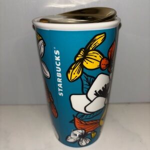 Starbucks 2019 Teal Blue and Poppy Flowers ceramic travel mug